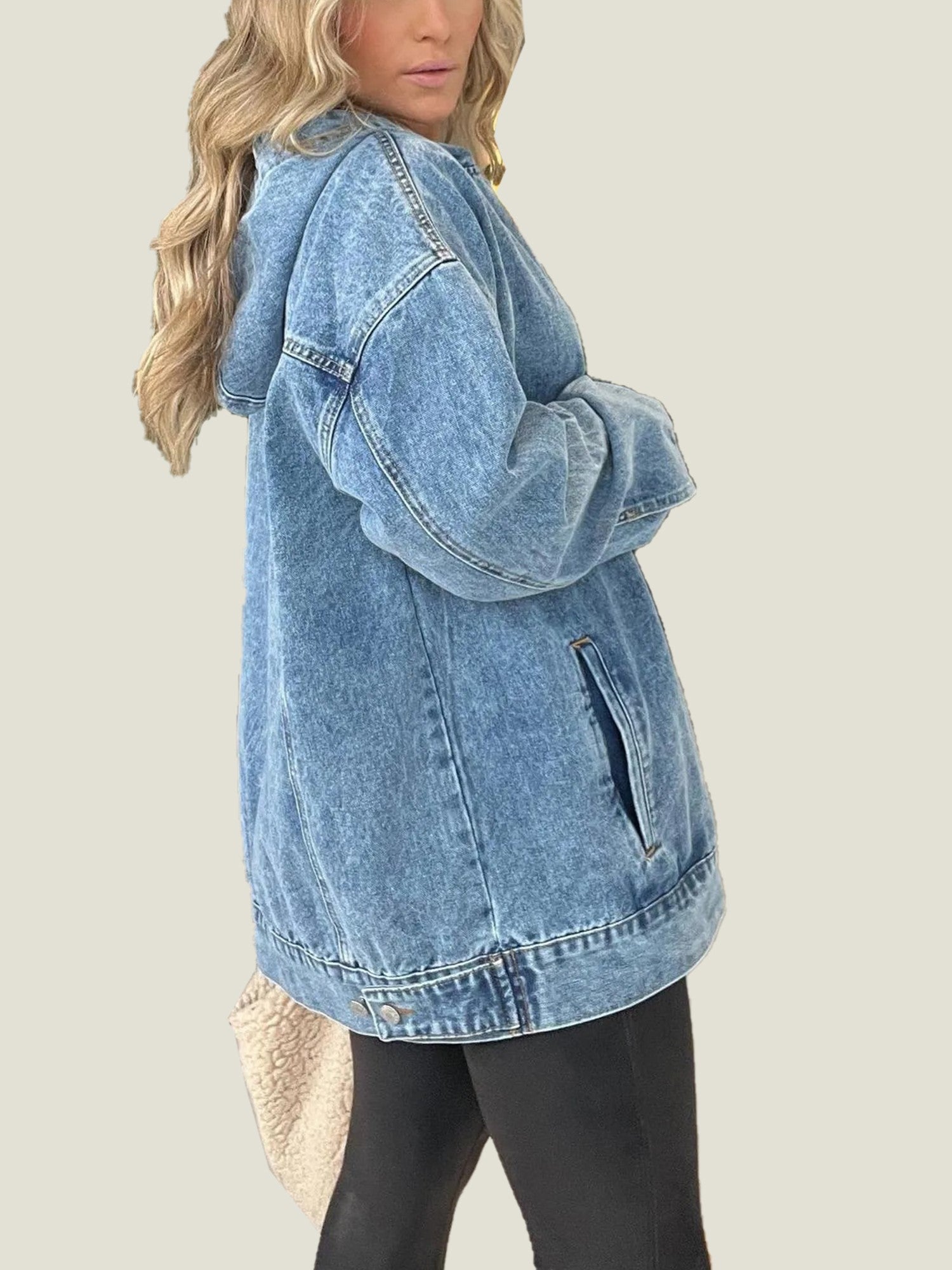 Denim Hooded Sweatshirt with Front Pockets
