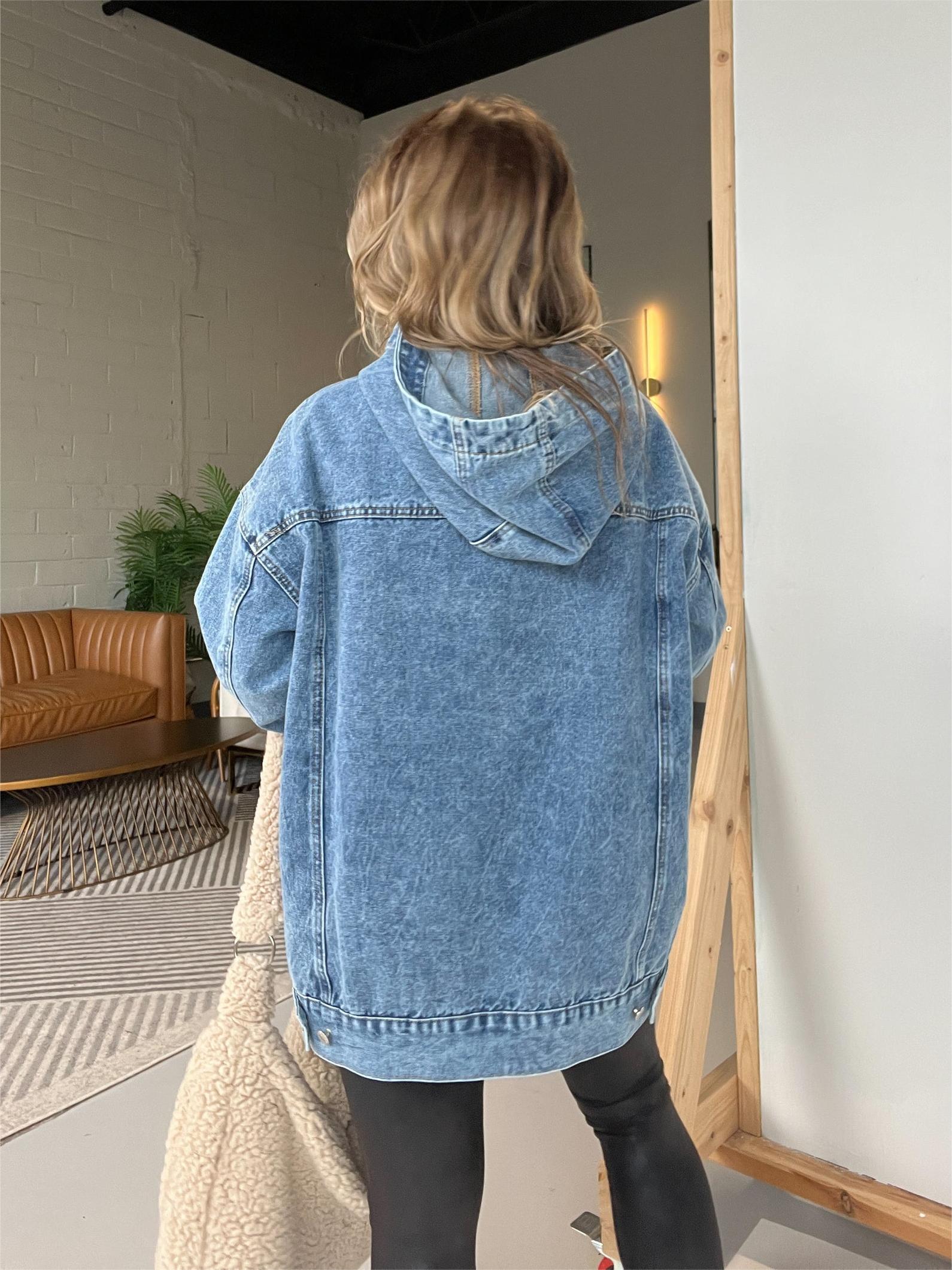 Denim Hooded Sweatshirt with Front Pockets