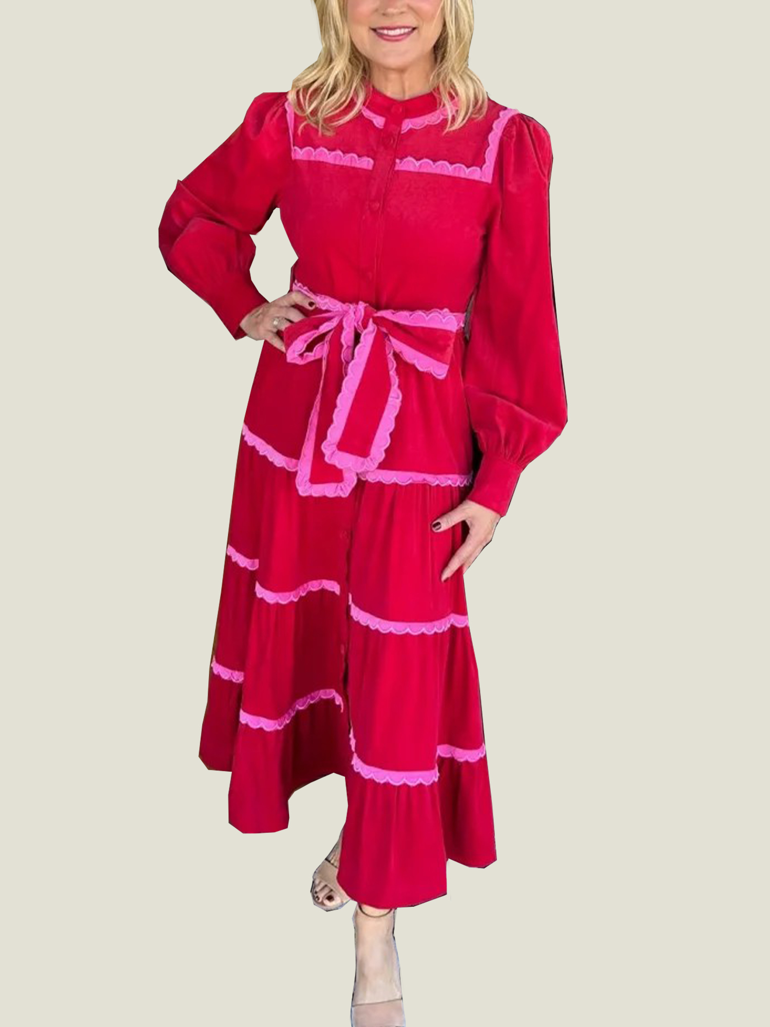 Women's Button Down Scalloped Tiered Corduroy Dress