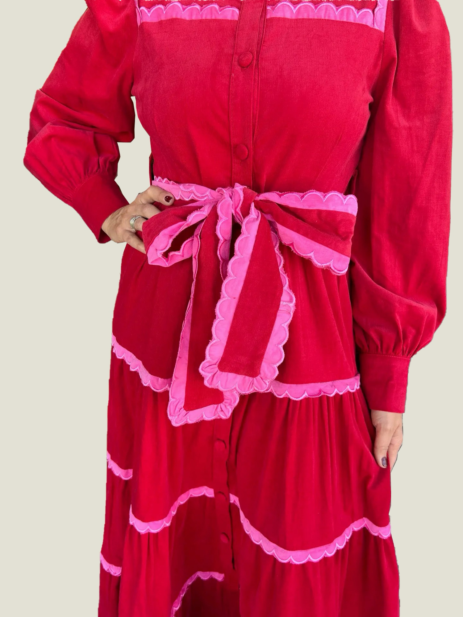 Women's Button Down Scalloped Tiered Corduroy Dress