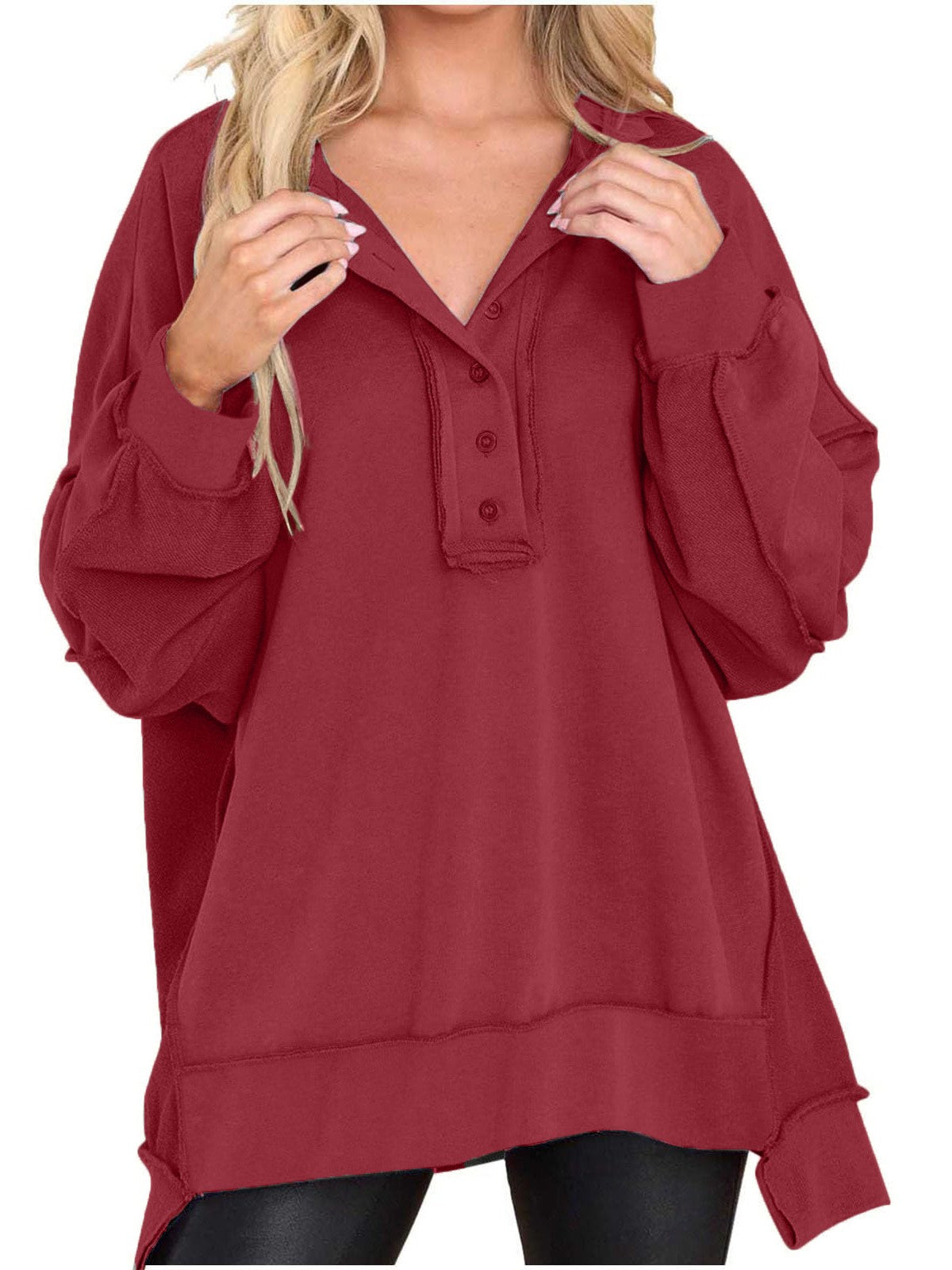 Women's Oversized Casual Buttoned Henley Sweatshirt