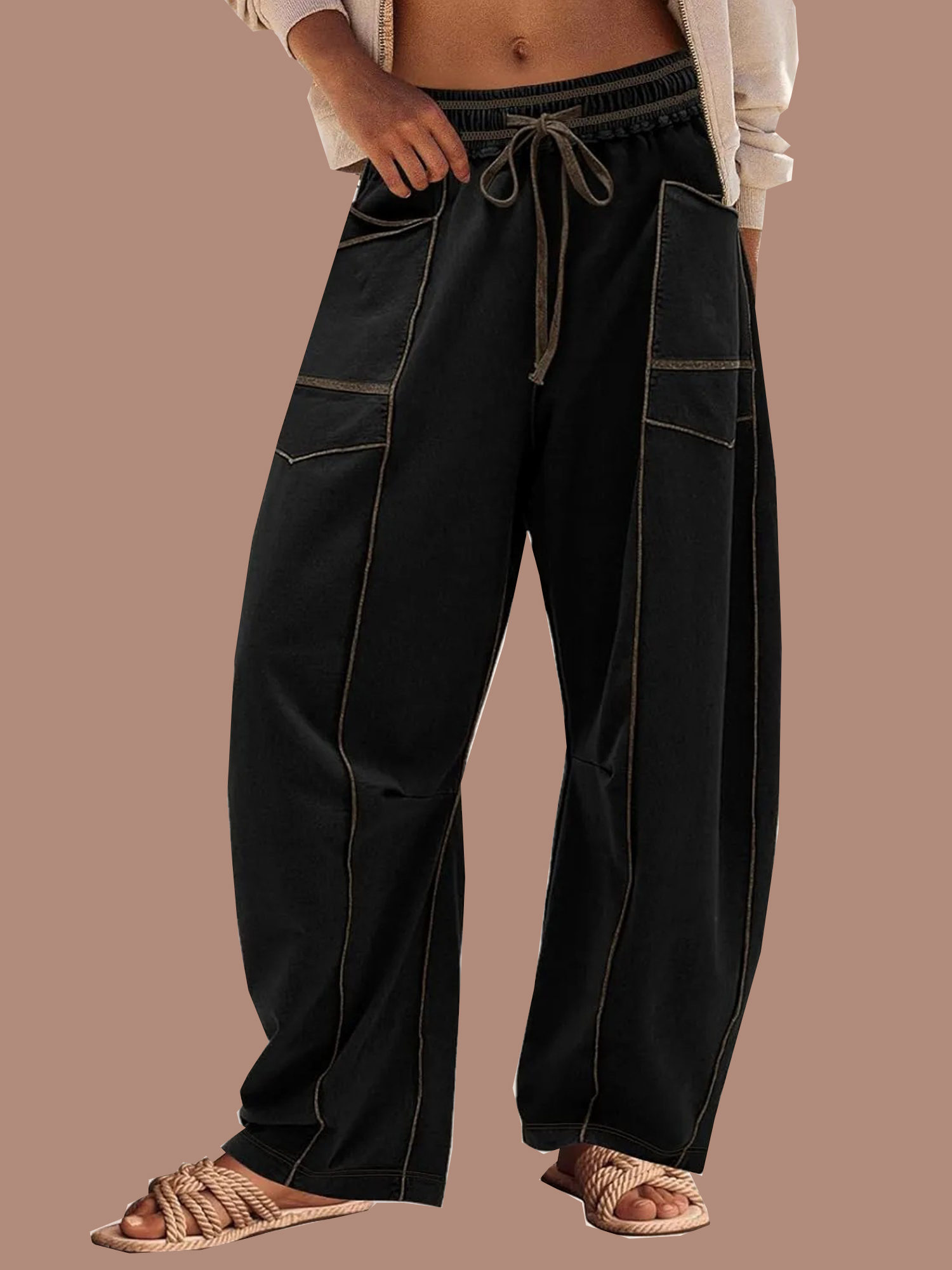 Women's High Waisted Drawstring Wide Leg Baggy Barrel Pants