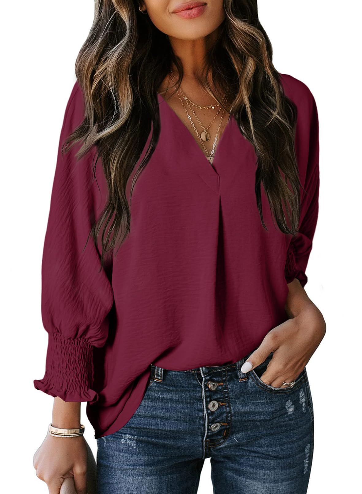 Women's Casual 3/4 Sleeve V Neck Basic Tops