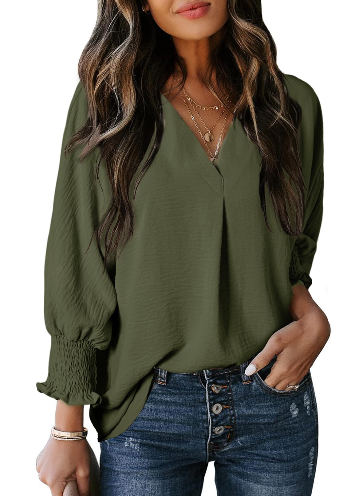 Women's Casual 3/4 Sleeve V Neck Basic Tops