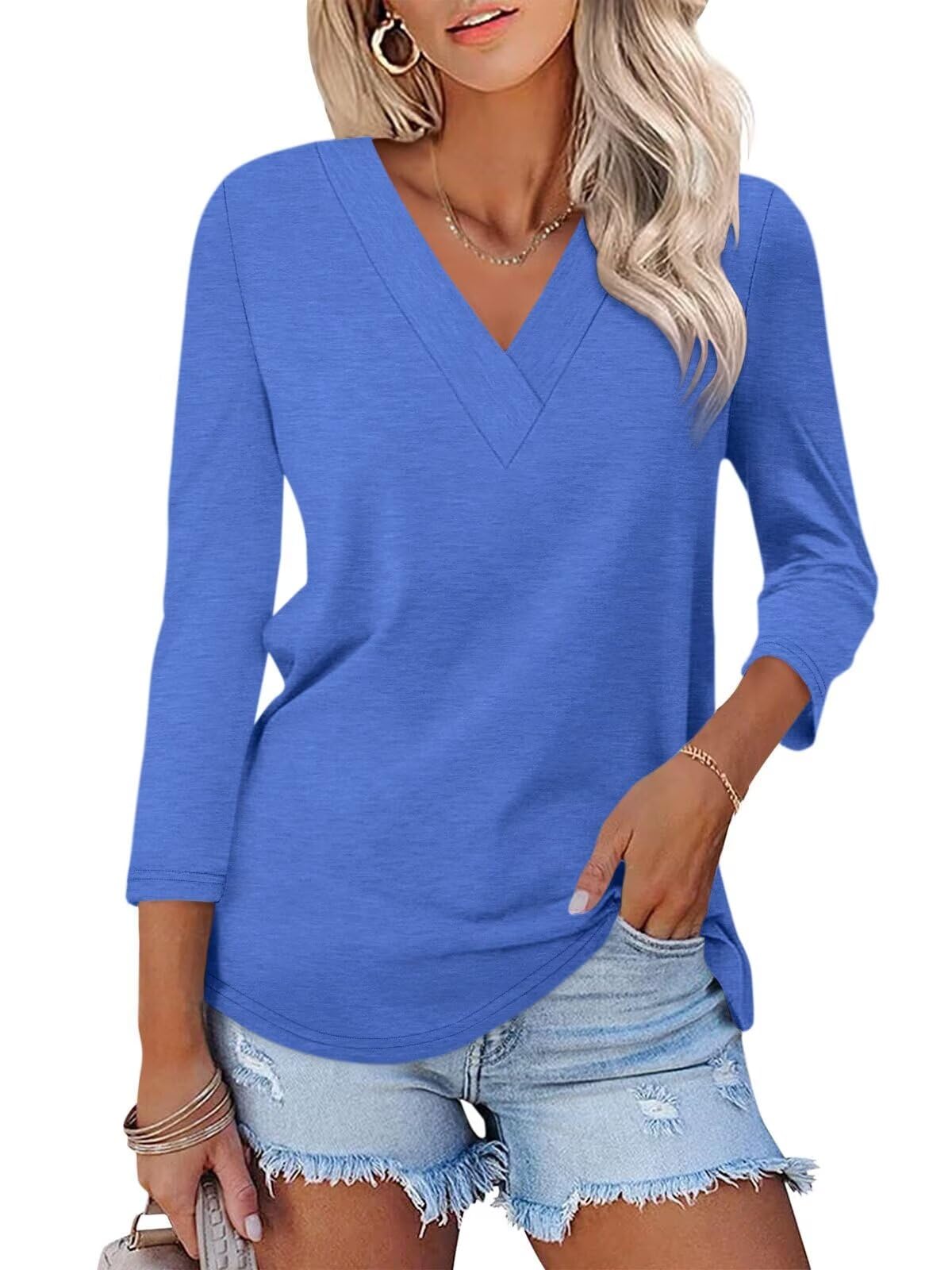 Women's 3/4 Length Sleeves V Neck Basic Tops