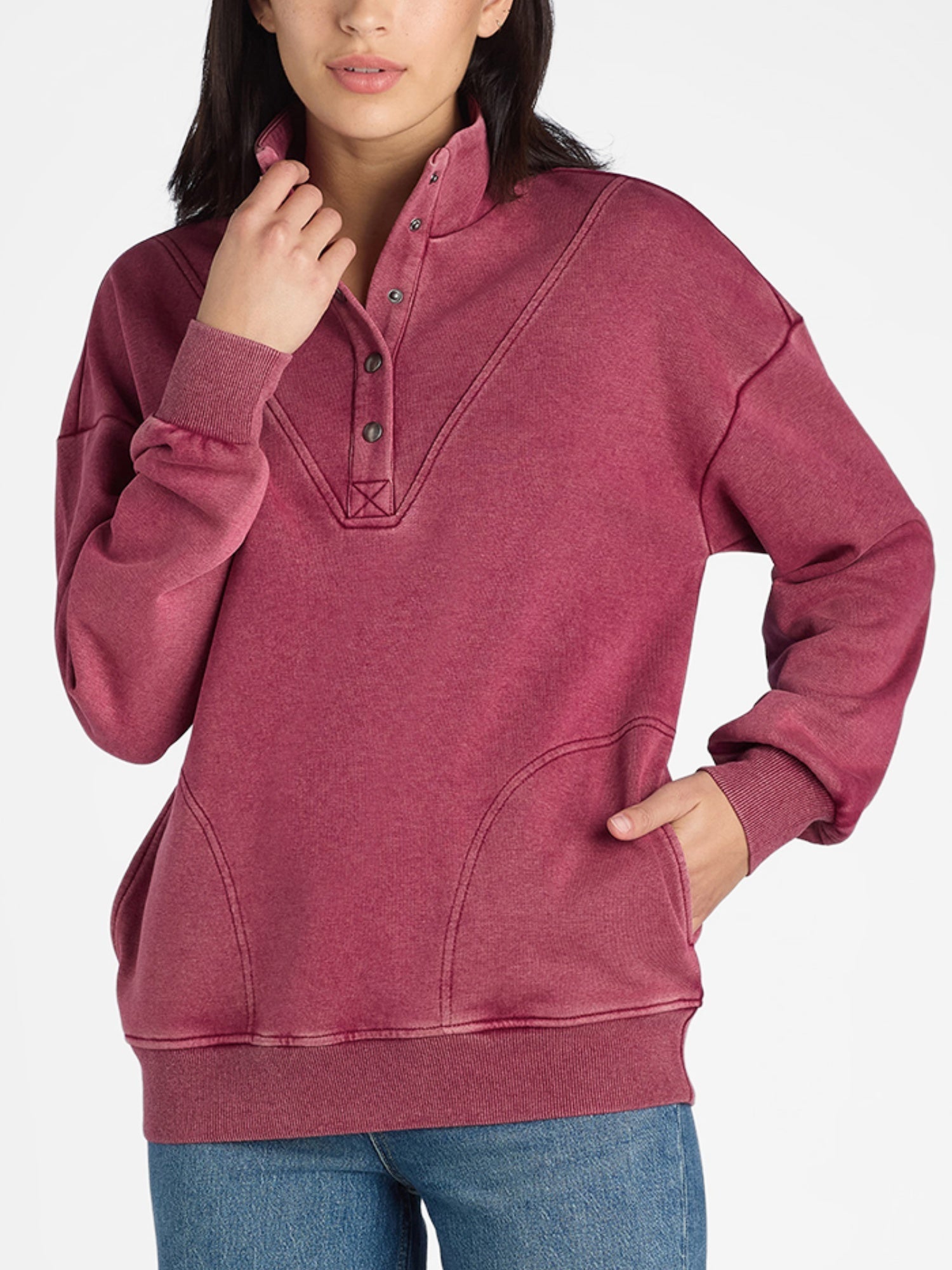 Mock Neck Henley Pullover Sweatshirt