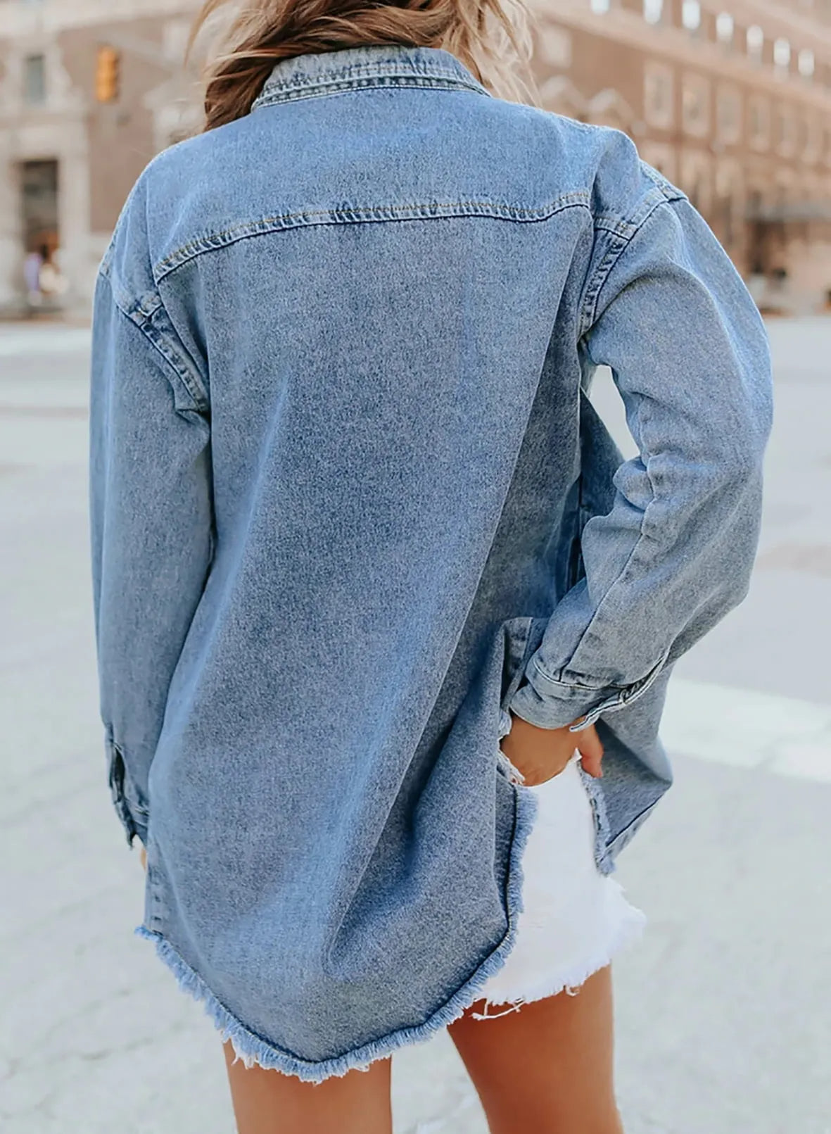 Women's Button Down Raw Edge Denim Jacket