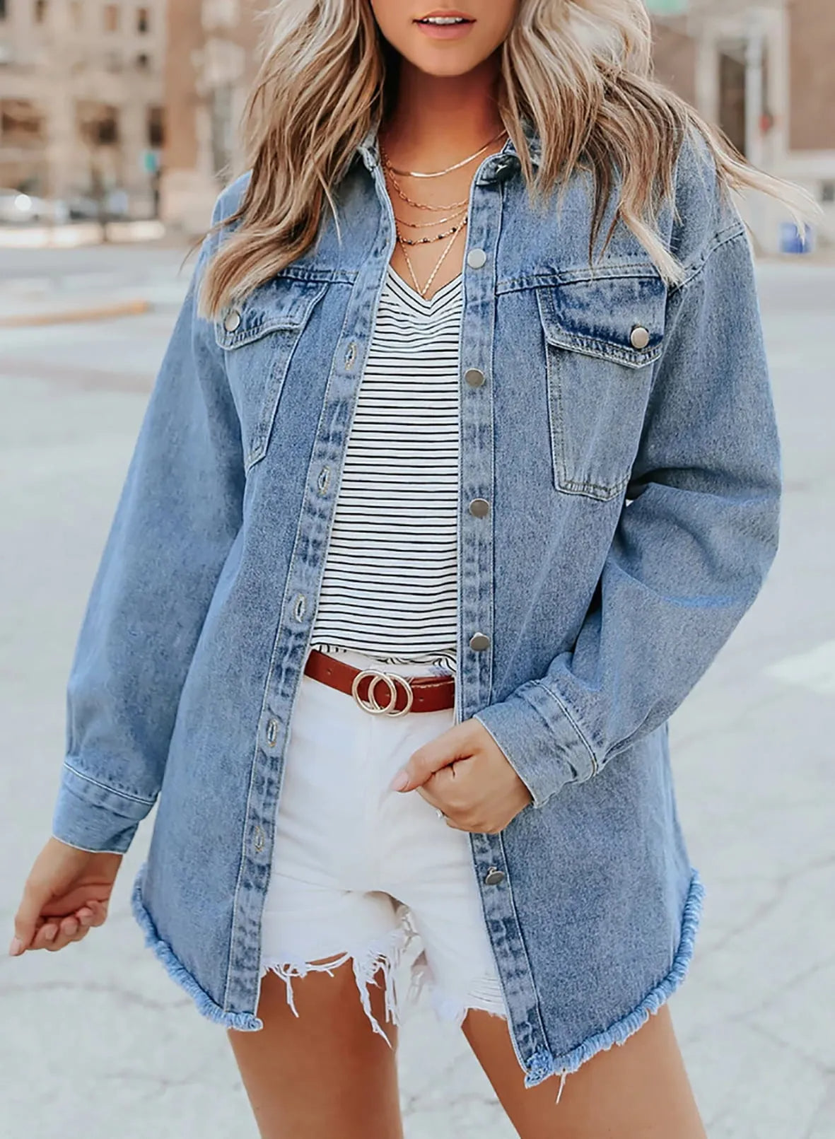 Women's Button Down Raw Edge Denim Jacket