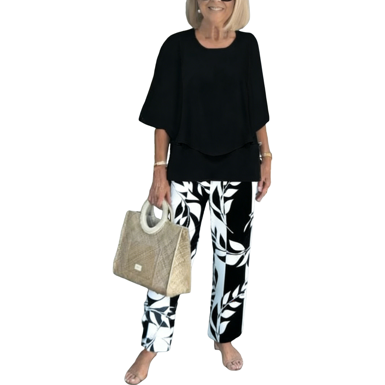 Trendy Green Print 3/4 Sleeve Two Piece Set