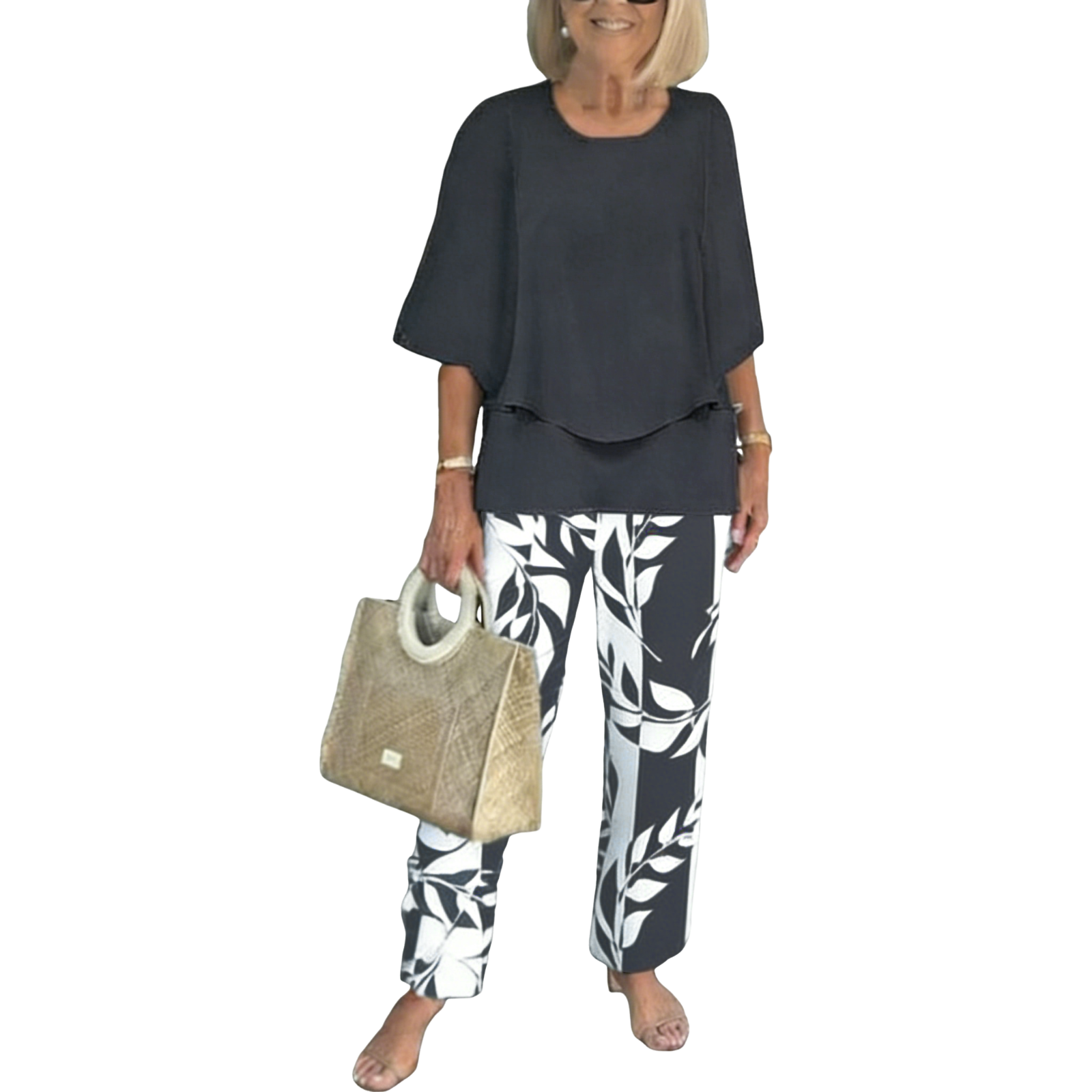 Trendy Green Print 3/4 Sleeve Two Piece Set