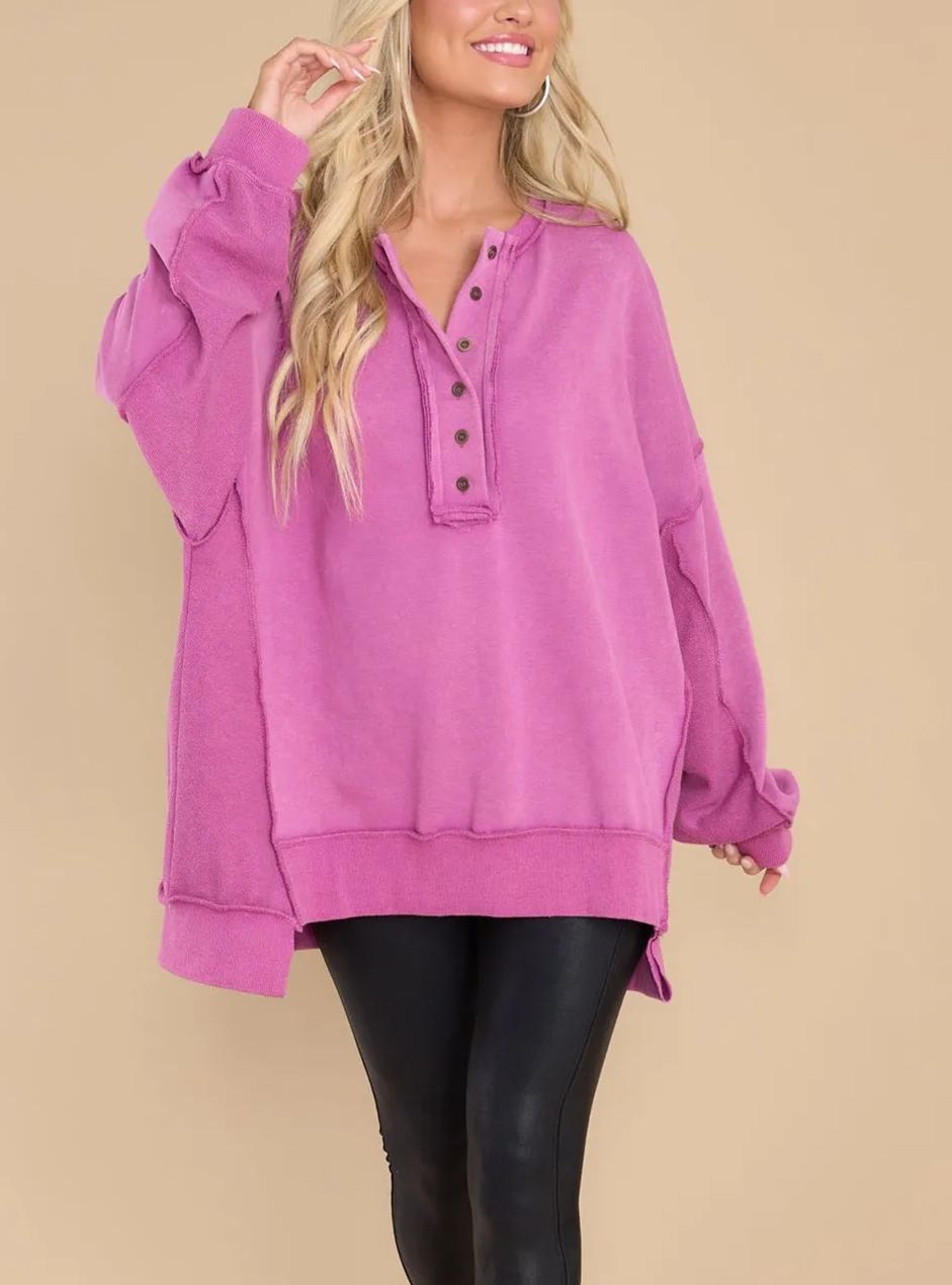 Women's Oversized Casual Buttoned Henley Sweatshirt