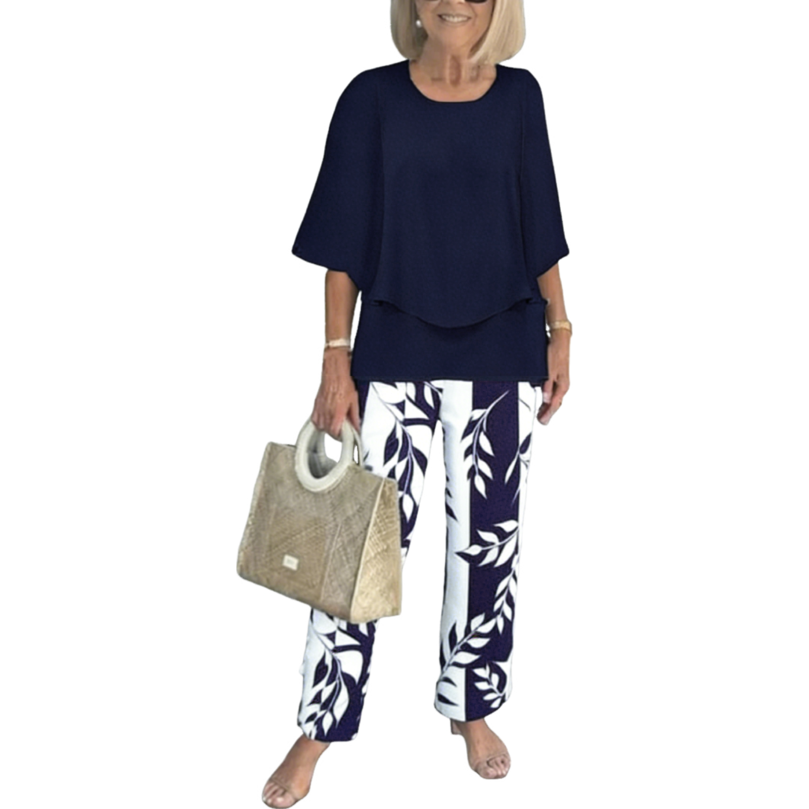 Trendy Green Print 3/4 Sleeve Two Piece Set
